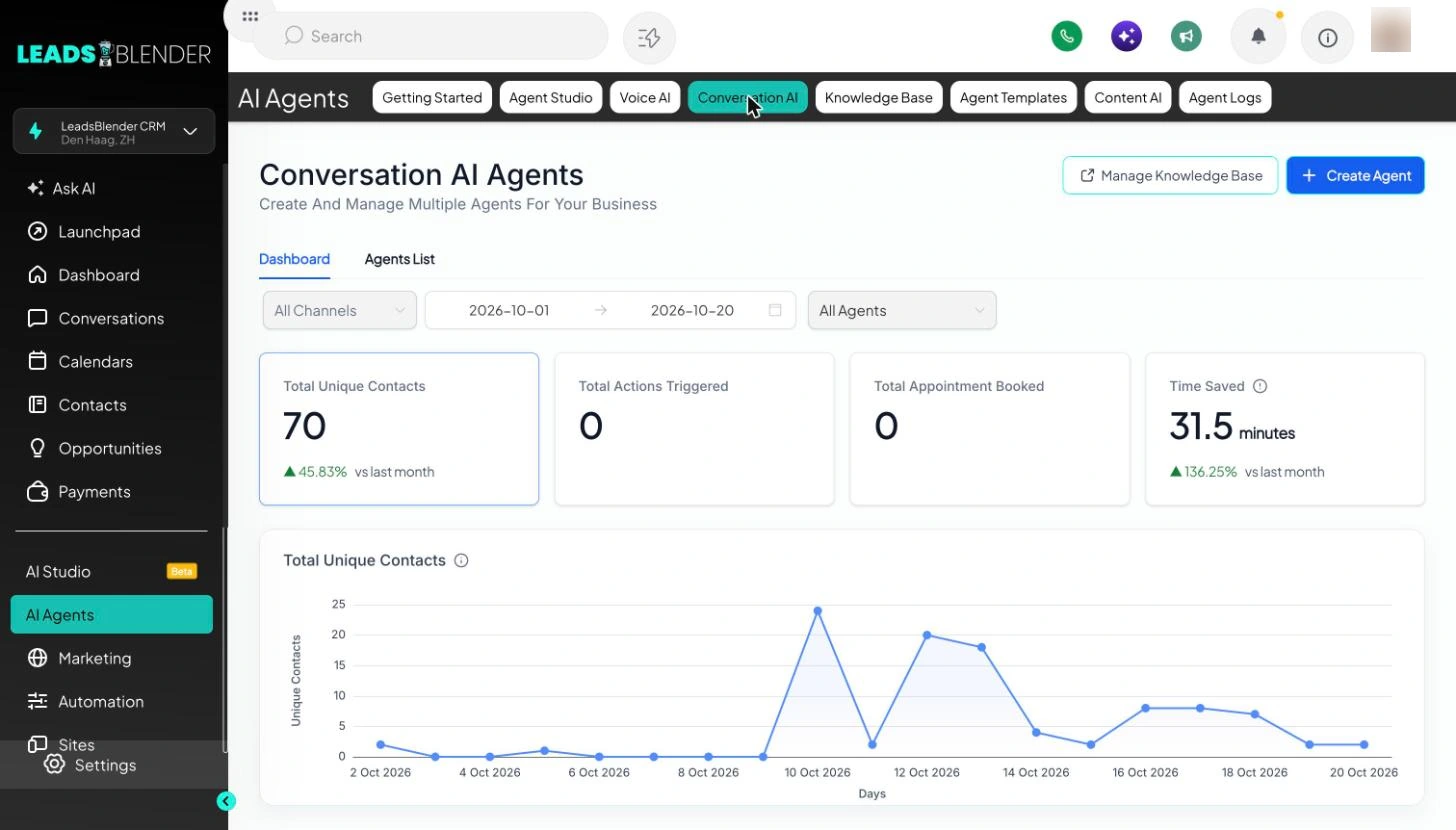 Branded LeadsBlender Conversation AI dashboard with agent and knowledge-base navigation