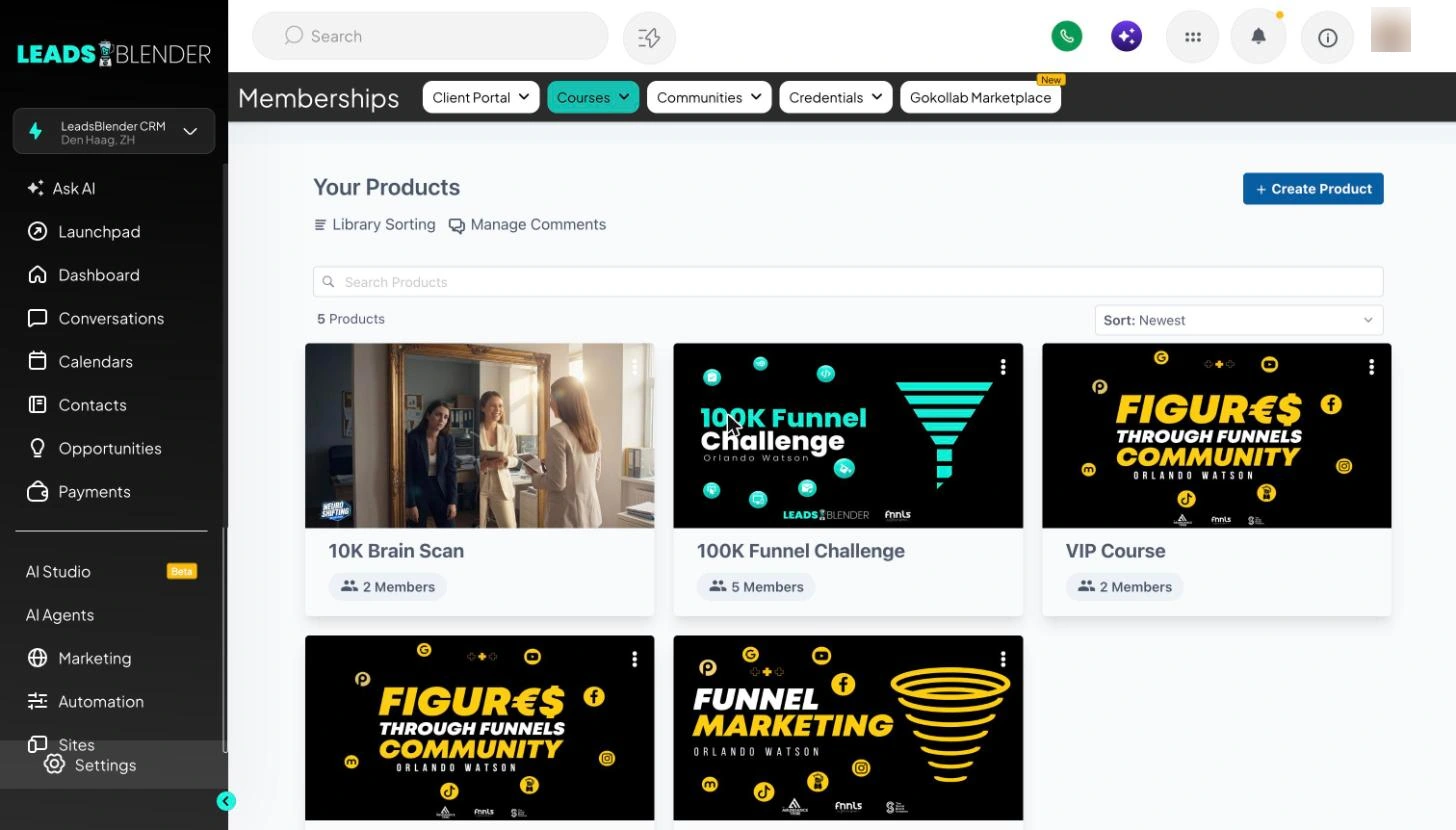 LeadsBlender memberships and course library with existing branded course products
