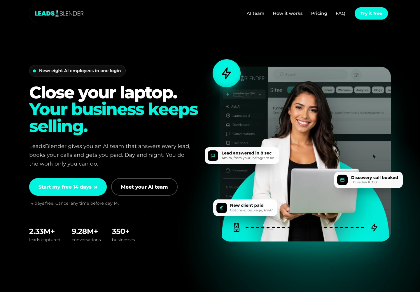 Existing English LeadsBlender landing page with branded navigation, an offer headline and trial call to action