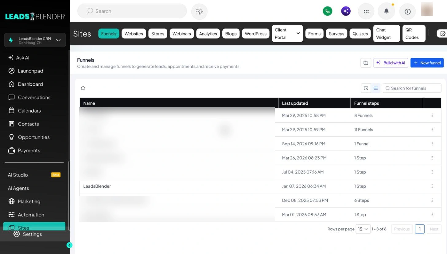 LeadsBlender sites workspace with funnels, websites, forms and the Build with AI action; unrelated project names obscured