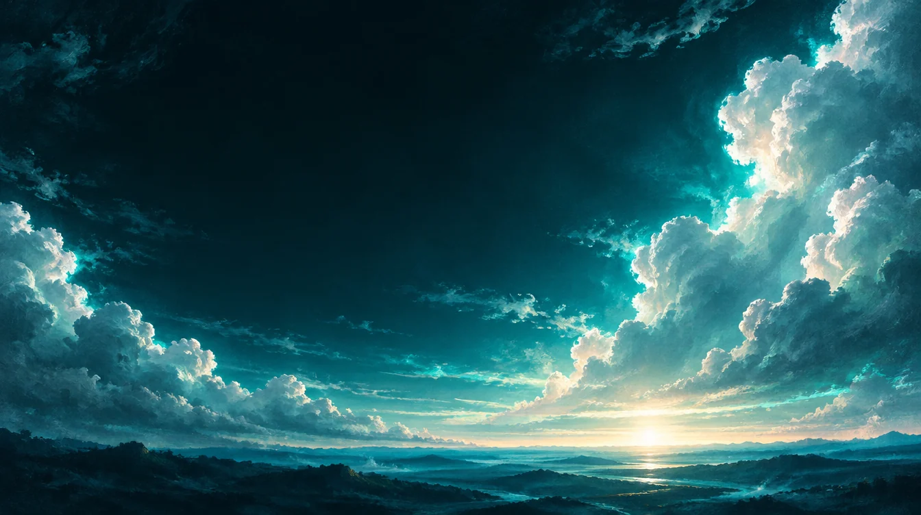 An open sky with pale clouds illuminated in turquoise
