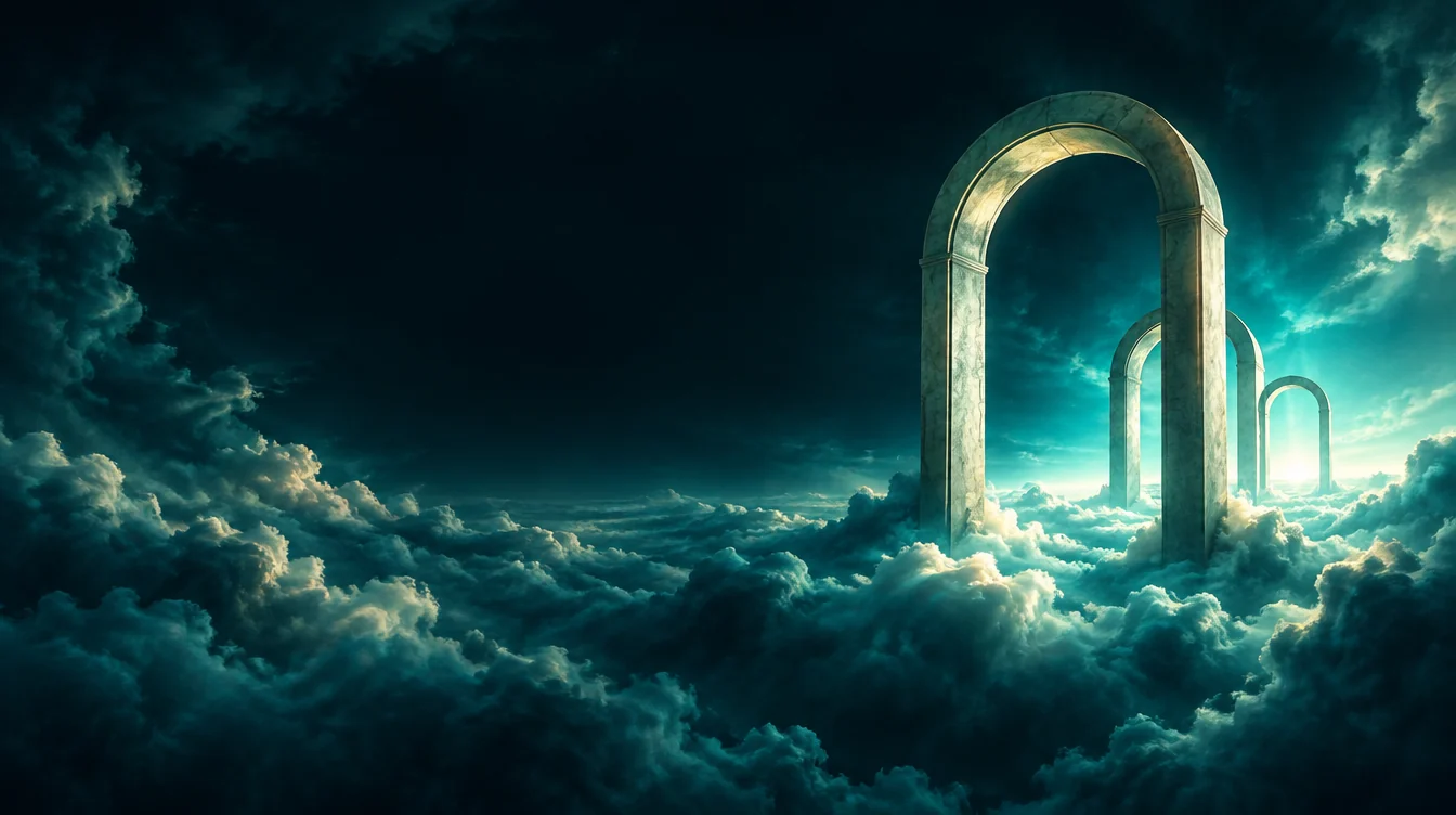 Painterly stone arches lead through clouds toward a luminous horizon