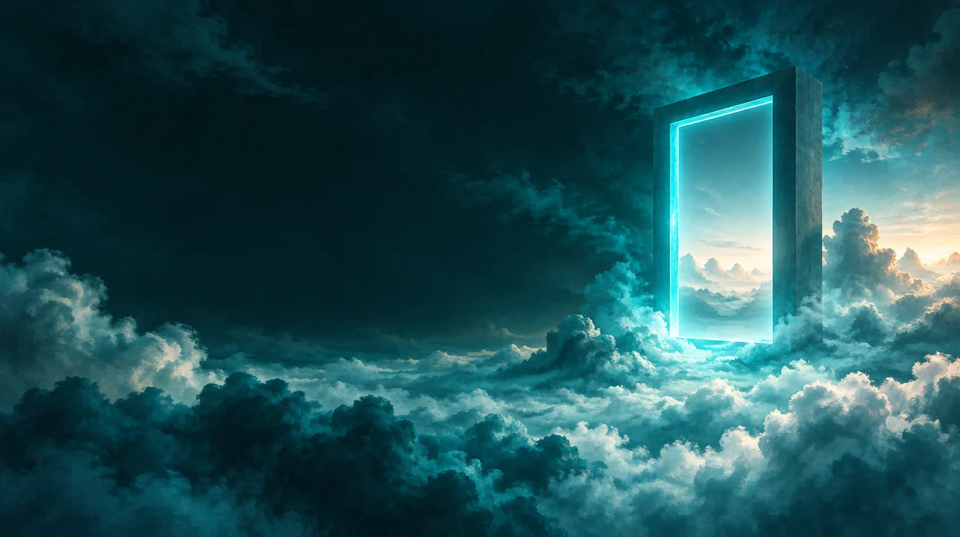A luminous doorway suspended above a sea of clouds