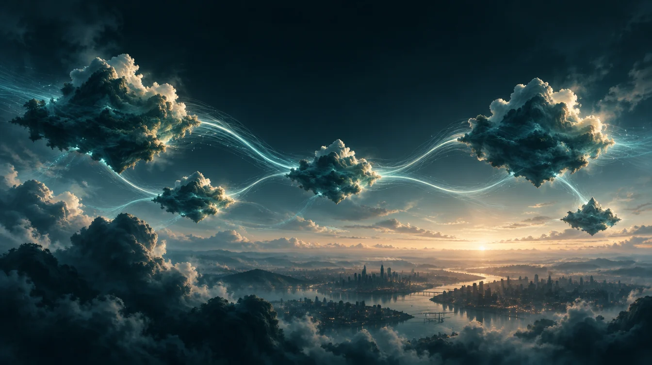 Aqua light trails connect painterly cloud islands above a distant city